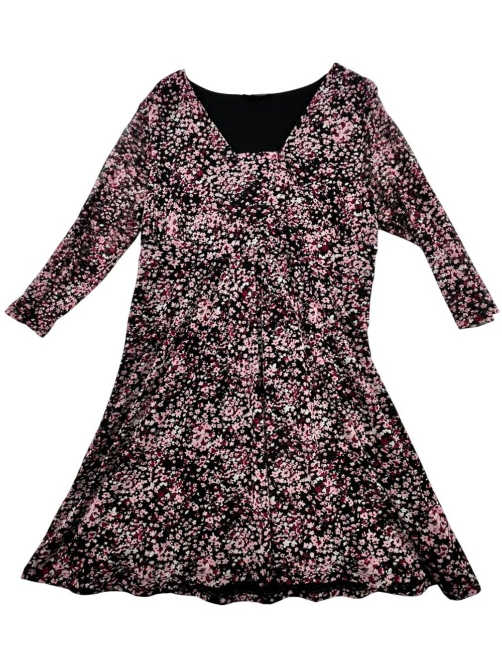 INC International Concepts Flared Swing Dress 3/4 Sleeve Black Pink Floral